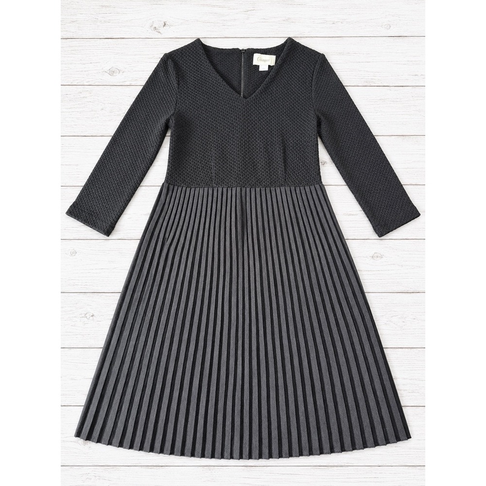 Anthropologie Ganni Dress Pleated Skirt Waffle Knit L/S Contem VNeck Black Small